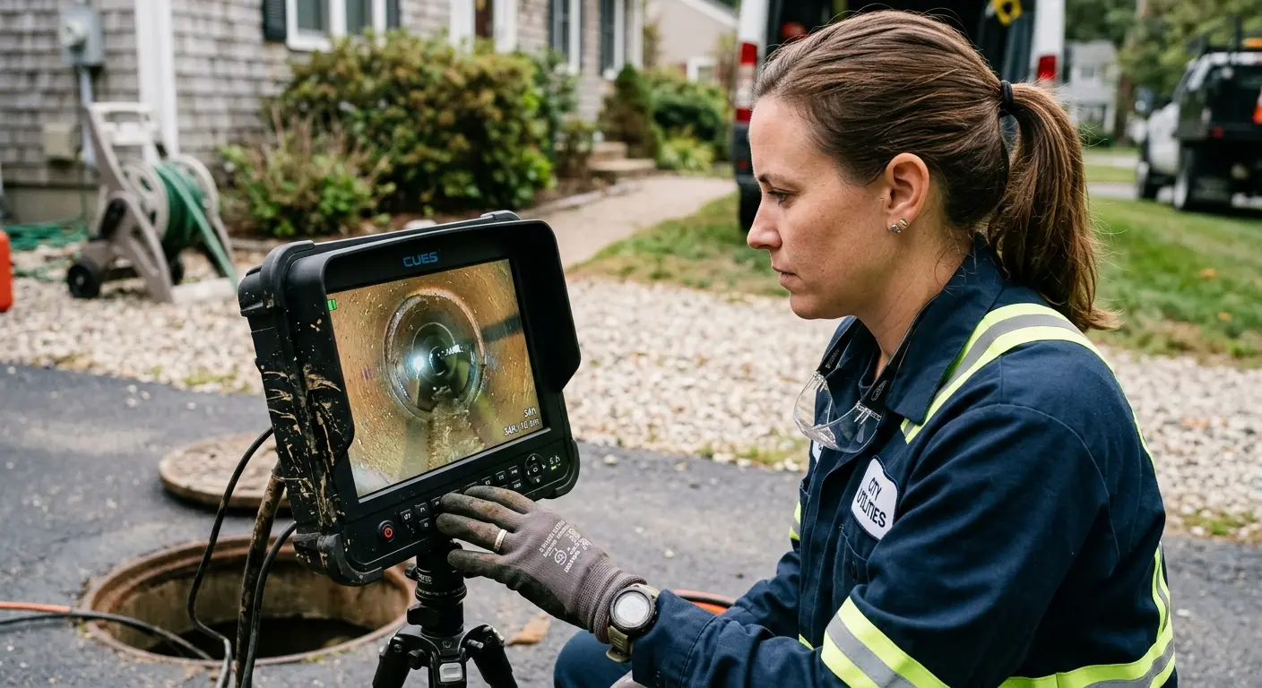 Technician reviewing sewer camera inspection footage in Suffern