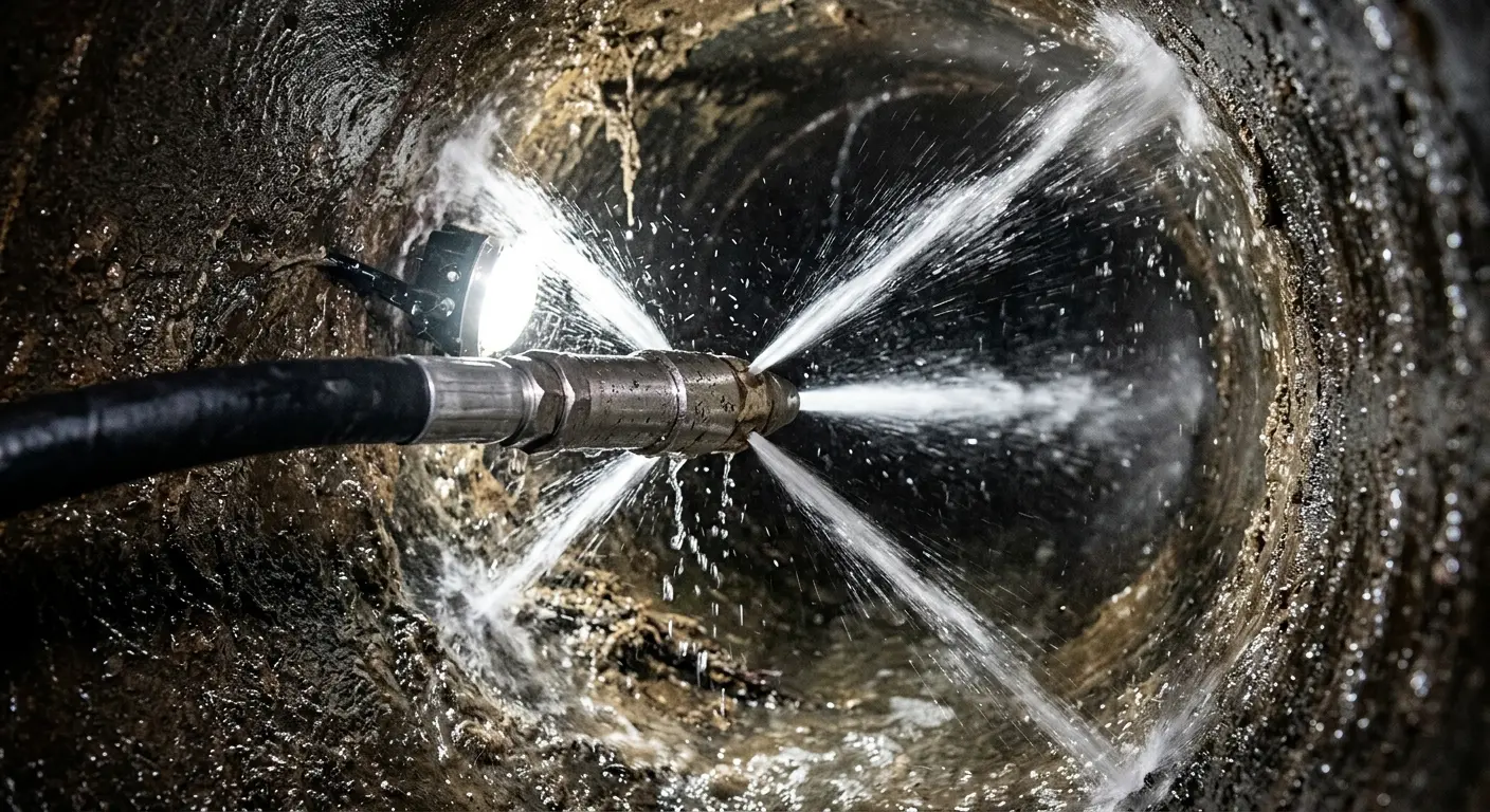 High-pressure hydro jetting nozzle cleaning sewer pipe for Trenchless Sewer Repair in Suffern