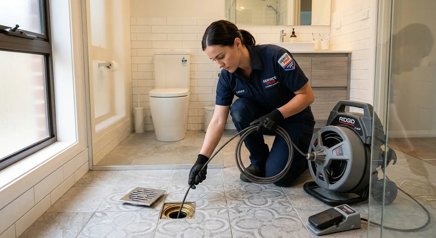 Technician clearing a bathroom floor drain for Sewer Line Replacement in Suffern